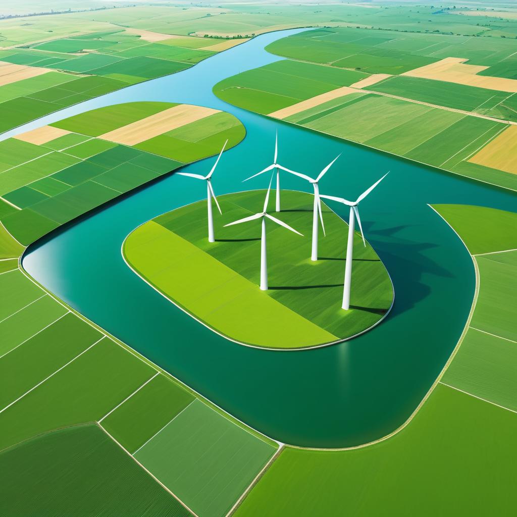 Sunny Fields with Wind Turbines and Solar Power