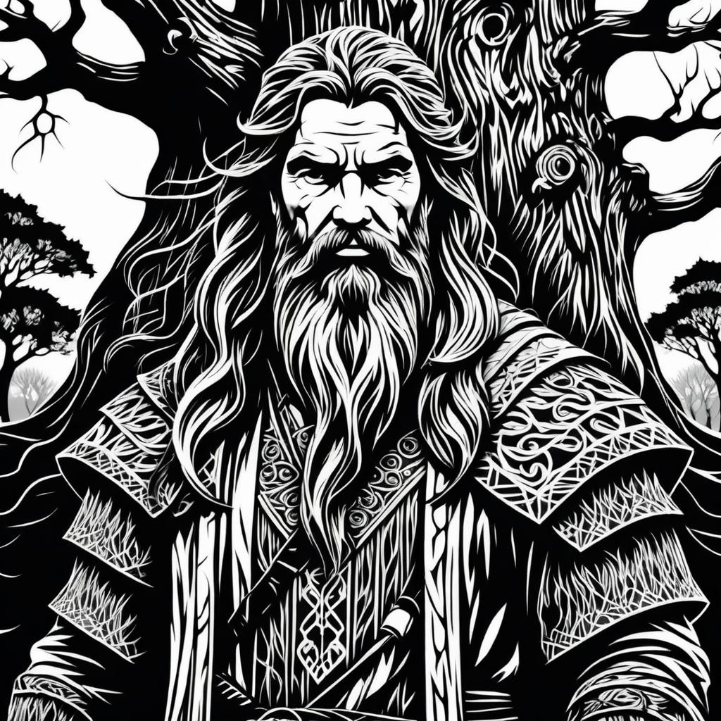 Rustic Druid Against Ancient Oak Tree