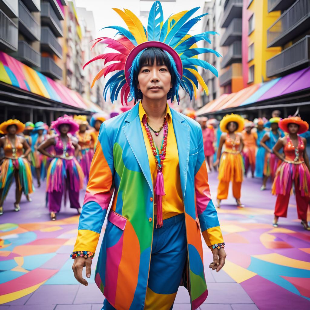 Colorful Street Performer in Urban Plaza