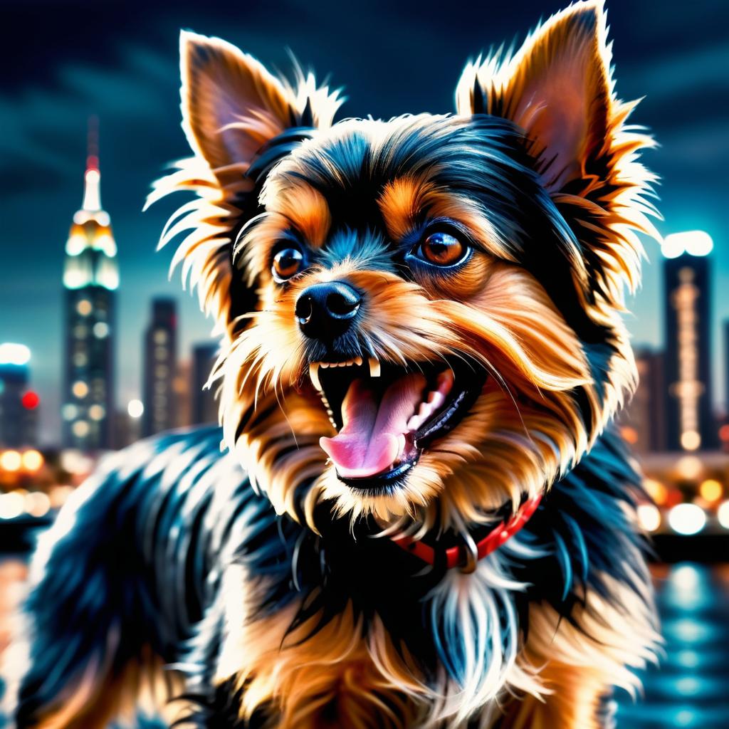 Angry Yorkshire Terrier Against City Skyline