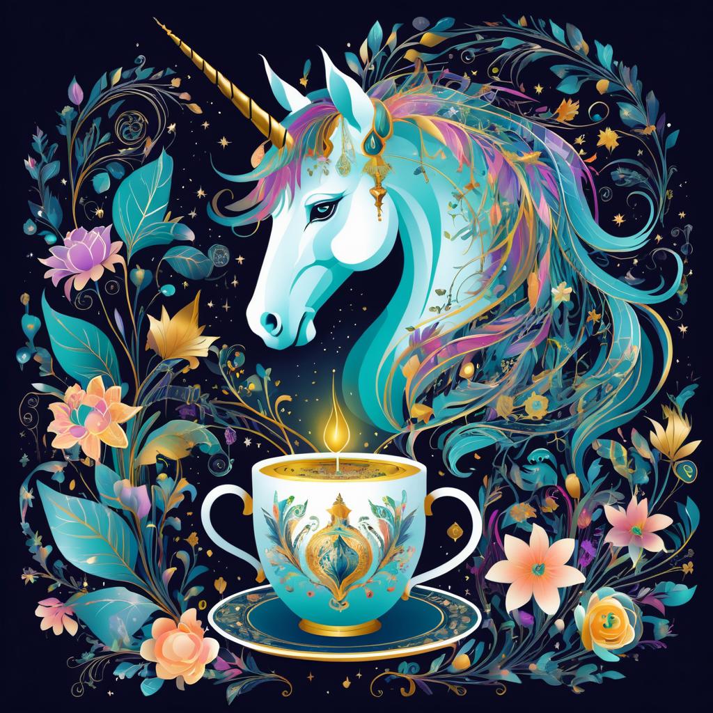 Whimsical Unicorn Sipping Herbal Tea