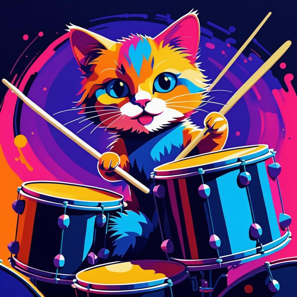 Vibrant Cat Drummer in Dynamic 2D Art