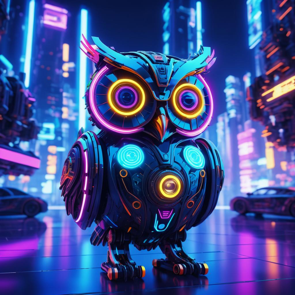 Futuristic Robotic Owl in Neon City