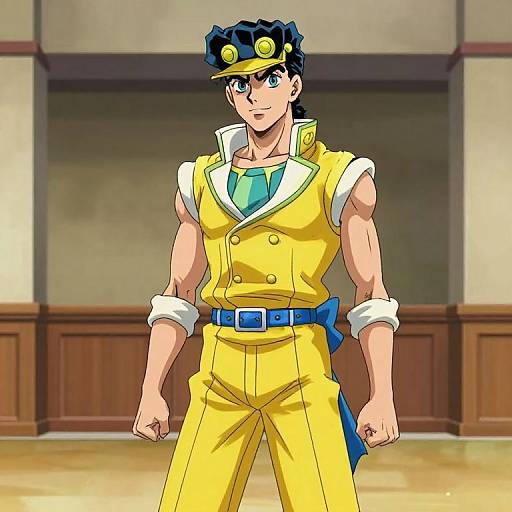 Digital anime-style drawing of a muscular man with black hair, wearing a yellow vest, pants, and cap, with a blue tie and belt. Background