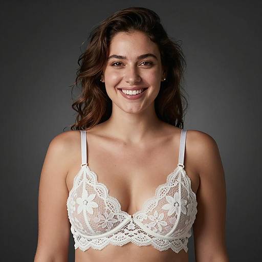 Cheerful Woman in White Lace Bra