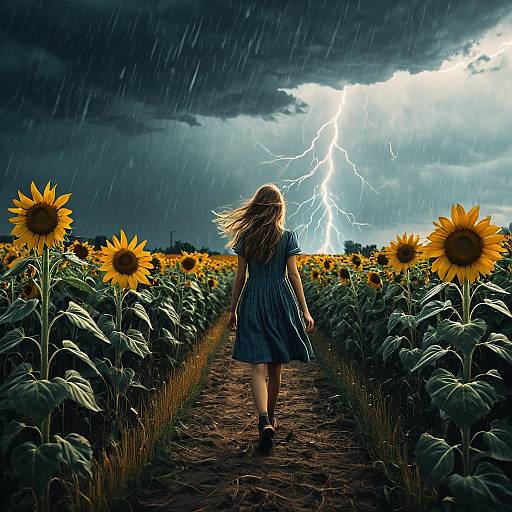 Girl Walking in Sunflower Field During Lightning Storm