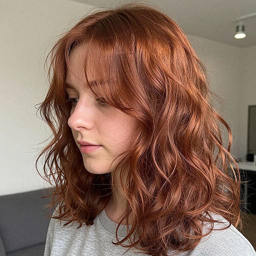 Photograph of a fair-skinned woman with wavy, auburn hair, wearing a white shirt, looking to the left in a brightly lit