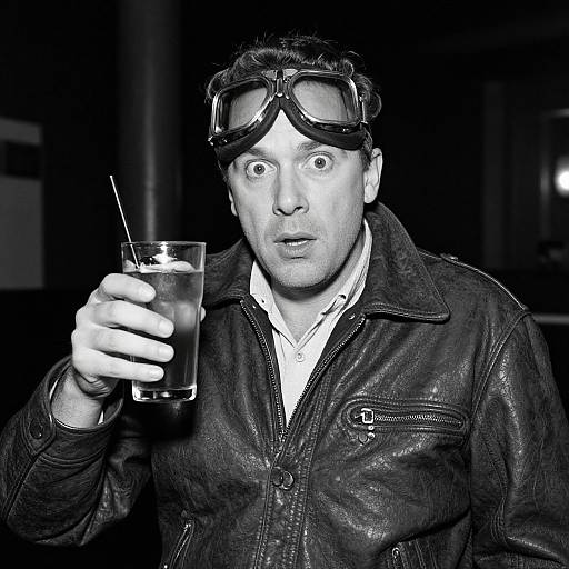 Black-and-white photograph of a surprised man with aviator goggles, holding a glass with a straw, wearing a leather jacket.