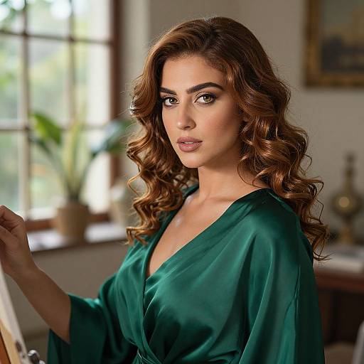 Photograph of a woman with long, wavy brown hair, wearing a green silk robe, standing in a sunlit room with a window and p