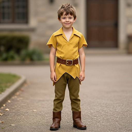 Photograph of a young boy with tousled brown hair, wearing a yellow tunic, brown belt, olive pants, and brown boots, standing on