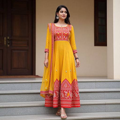 Photograph of a dark-haired woman in a bright yellow traditional Indian dress with red embroidery, standing on stone steps in front of a wooden door.