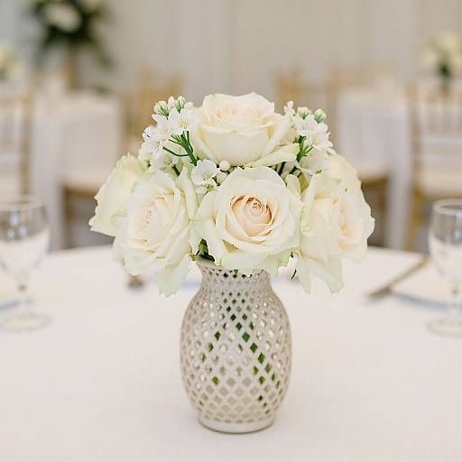 Photograph of a white ceramic vase with lattice pattern, filled with cream-colored roses and small white flowers, centerpiece on a white tablecloth, blurred chairs