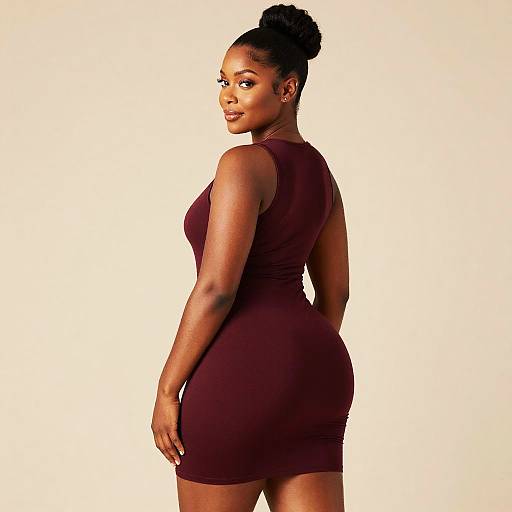 Photograph of a confident, dark-skinned woman with a high bun, wearing a form-fitting, sleeveless maroon dress, standing against a