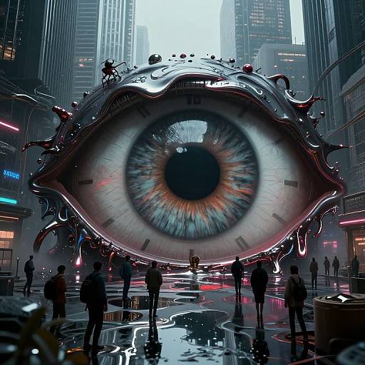 Hyper-realistic digital artwork of a giant, detailed eye with a blue and orange iris, surrounded by metallic, sculptural elements in a neon-lit