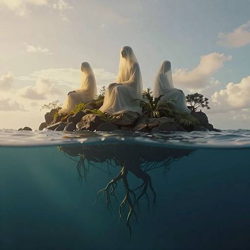 Digital artwork of a mystical island with ghostly, white, humanoid figures emerging from rocky terrain, surrounded by water and visible tree roots below surface, under