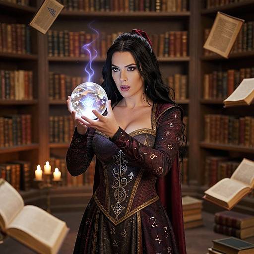 Cinematic Sorceress in Enchanted Library