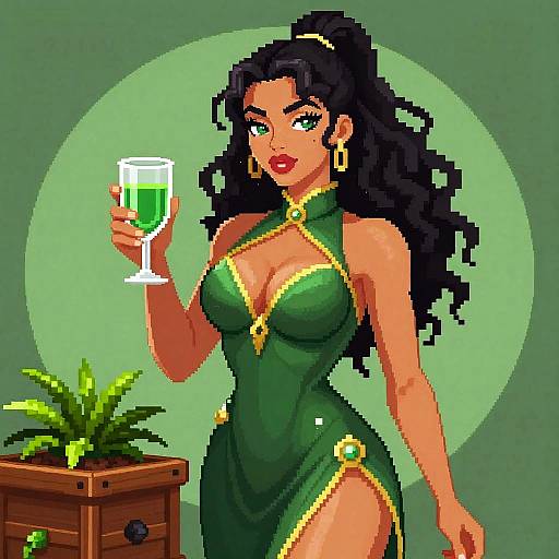 Pixel art of a curvy, dark-skinned woman with long black hair, green dress, gold accents, holding a green drink, beside a p