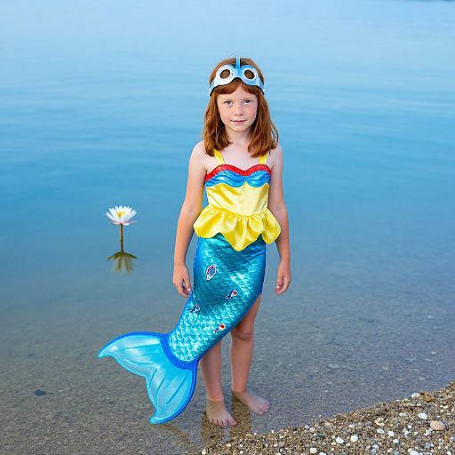 Photograph of a young girl with light brown hair in a blue mermaid costume, yellow bow, and fish-eye headband, standing in shallow water