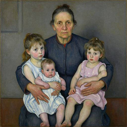 Realistic oil painting of an older woman with dark hair in a bun, wearing a dark jacket, holding two young girls and a baby, all in