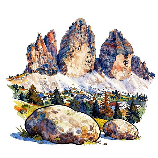 Vibrant watercolor painting of towering jagged mountains with rocky foreground, scattered pine trees, and bright sunlight. Bold colors and dynamic brushstrokes