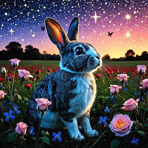 Expressive Bunny in Flower Field at Dusk