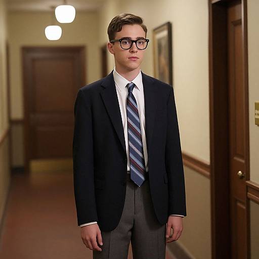 Photograph of a young man with short brown hair, glasses, black blazer, white shirt, blue and red striped tie, standing in a dim