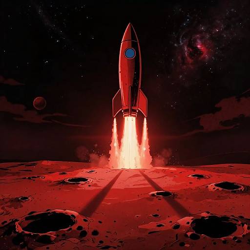 Digital illustration of a red rocket with a blue window, launching on a red, cratered moon, with bright flames, starry space background, and