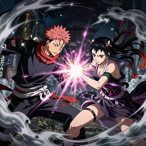Anime-style digital artwork of pink-haired male ninja and black-haired female ninja, both in black attire, glowing pink energy attack in a dark, smoky
