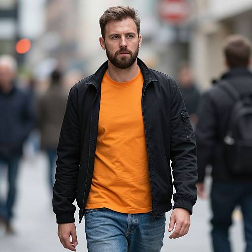 Photograph of a bearded man with short brown hair, wearing an orange shirt, black jacket, and jeans, walking in an urban street with blurred