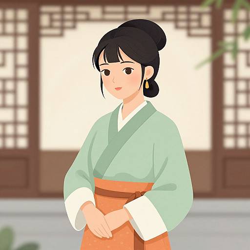 Digital illustration of an Asian woman with black hair in a bun, wearing a light green kimono and orange obi, standing in front of a traditional