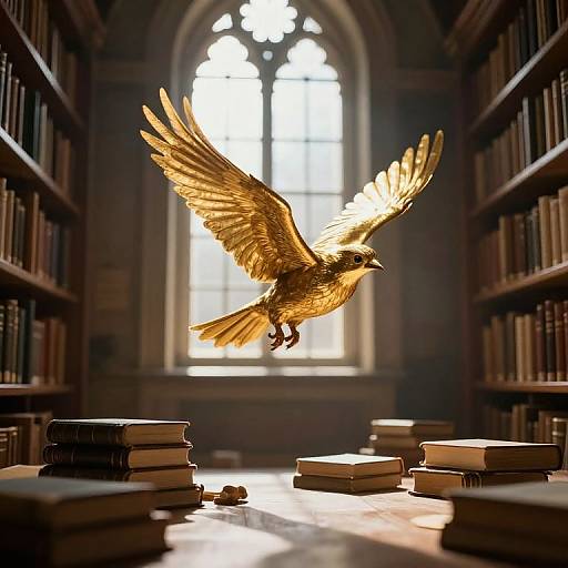 Photograph of a golden-feathered bird mid-flight over a sunlit library floor, surrounded by stacked books, with an arched window in the