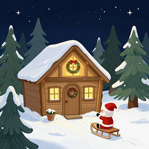 Cartoon-style winter night scene: wooden cottage with snow-covered roof, lit windows, wreaths, starry sky, potted plant, and Santa