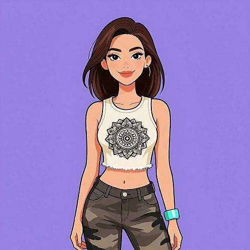 Digital anime-style drawing of a smiling young woman with brown hair, wearing a white crop top with a mandala design, camo pants, and a