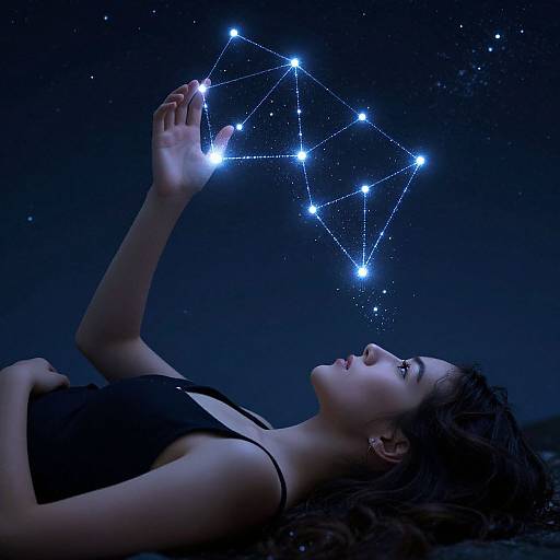 Photograph of a woman with wavy brown hair lying on her back, gazing at a constellation of bright blue stars she's touching with her hand