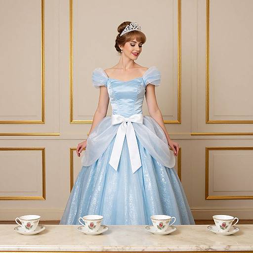 Photograph of a fair-skinned woman in a light blue, satin, off-shoulder princess dress with a voluminous skirt, silver tiara