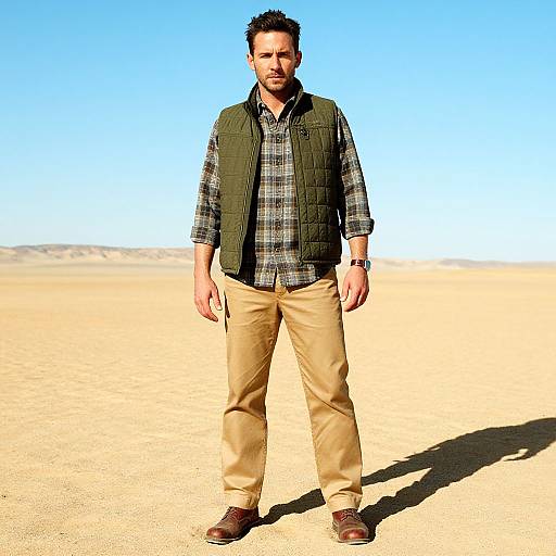 Photograph of a bearded man with short black hair, wearing a green quilted vest, plaid shirt, beige pants, and brown shoes,