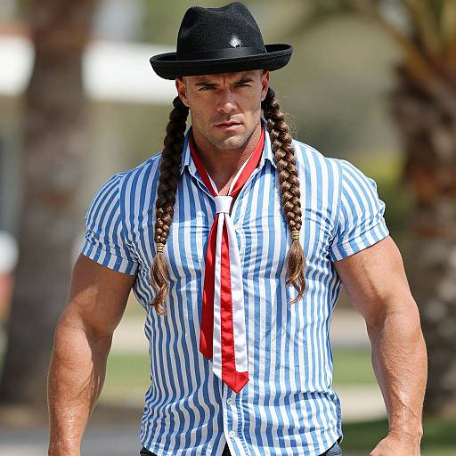 Muscular man with long braids, black hat, blue-striped shirt, red tie, serious expression, outdoors, blurred palm trees in background. Phot