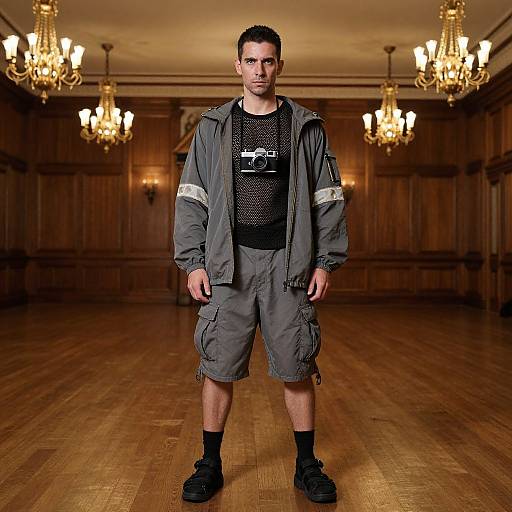 Man in Reflective Windbreaker in Ballroom