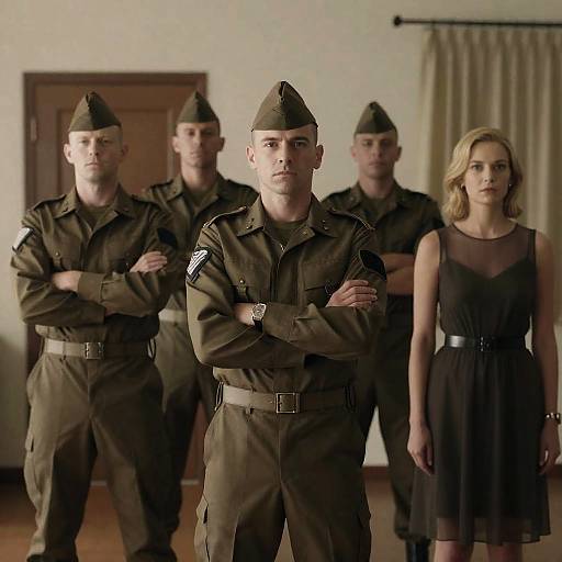 Military Men and a Woman in Sheer Dress