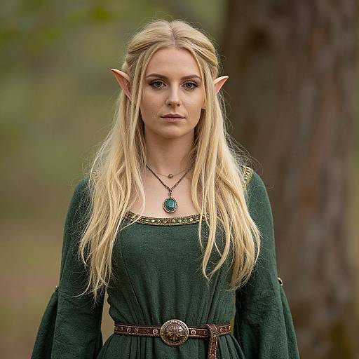 Photograph of a blonde, elven woman with pointed ears, wearing a green dress, brown belt, and pendant, standing in a forest.