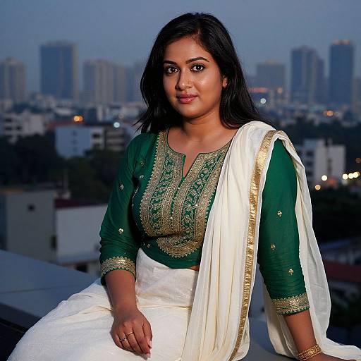 Photograph of a beautiful Indian woman with medium skin tone, black hair, wearing a green embroidered blouse and white saree, against a twilight cityscape
