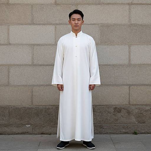 Photograph of a young Asian man standing against a beige brick wall, wearing a long white traditional garment and black shoes.