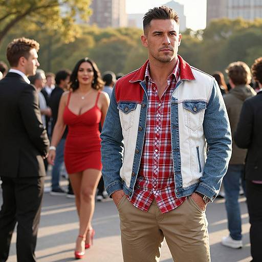 Photograph of a handsome, muscular man in a red plaid shirt, denim jacket, and beige pants, standing confidently in a crowded urban park with