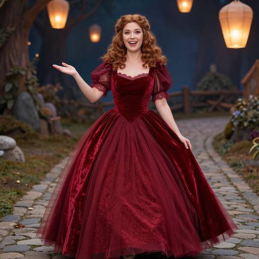 Photograph of a smiling woman with curly red hair in a deep red, Victorian-style ball gown, standing on a cobblestone path with glowing lantern