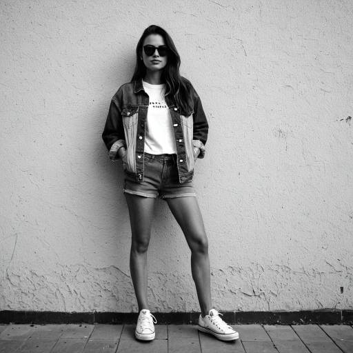 Monochrome Portrait of Young Woman in Denim Jacket and Shorts