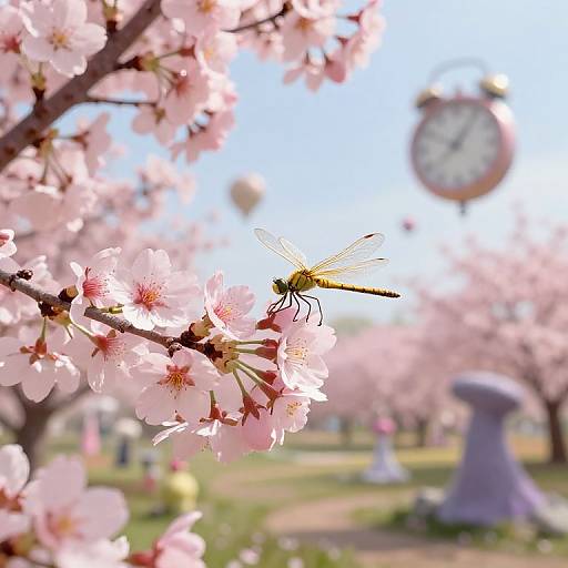 Photograph of a yellow dragonfly on pink cherry blossom branch, with a blurred clock and tombstone in the background.