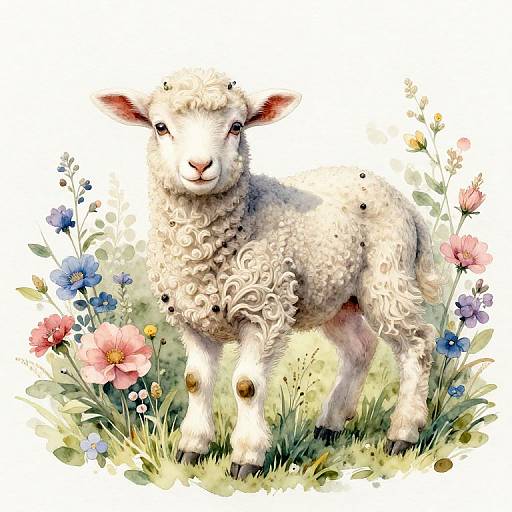 Delicate Watercolor Lamb with Flowers
