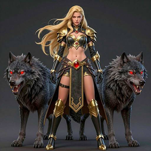 Warrior Woman with Wolves in Darkness