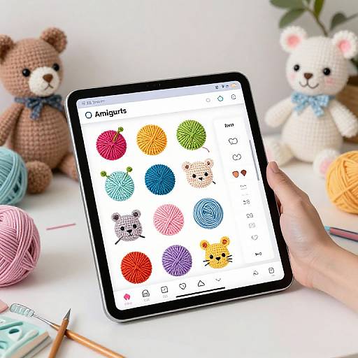 Photograph of a hand holding a tablet displaying colorful yarn balls and cute animal icons, surrounded by stuffed bears and yarn balls.