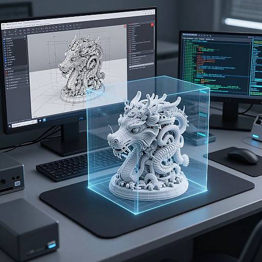 CGI image of a glowing, 3D-rendered dragon figurine on a dark desk, surrounded by monitors displaying detailed wireframe designs.